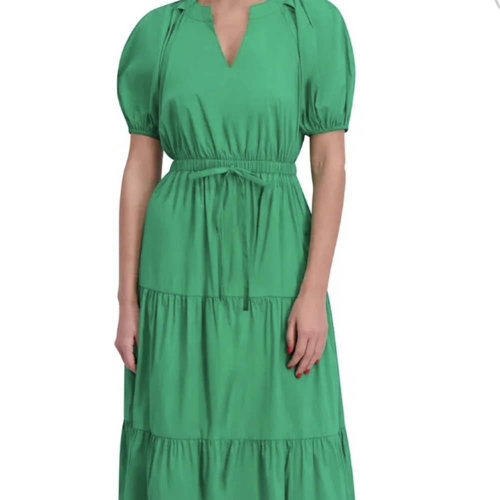 Anne Klein Vibrant Green Midi Dress with Puff Sleeves